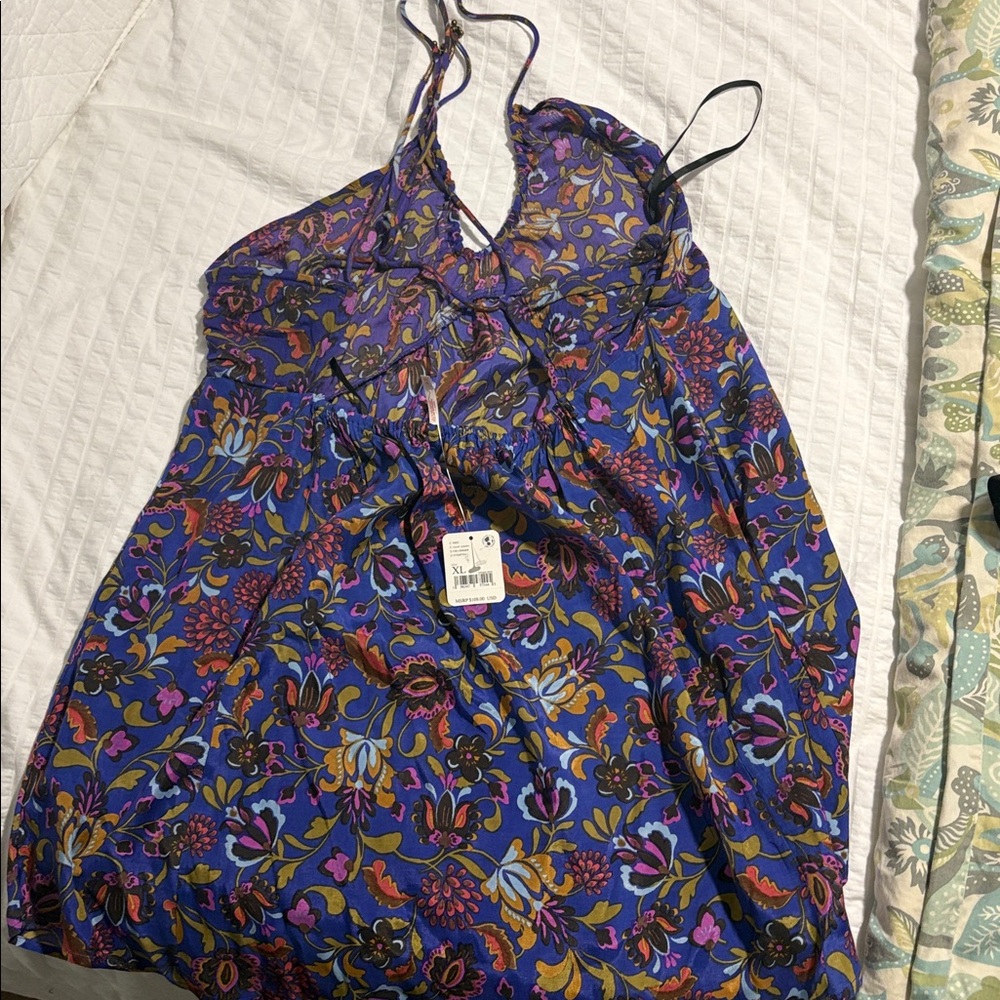 Free People Pixie Floral Print V-Neck Sleeveless Tie Open Back Tunic NWT size XL - Picture 3 of 9